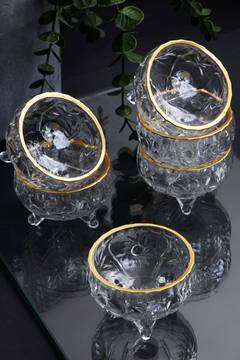 Set van 6 Orbieu-kommen 175ml met reliëfmotief Transparant glas en gouden rand