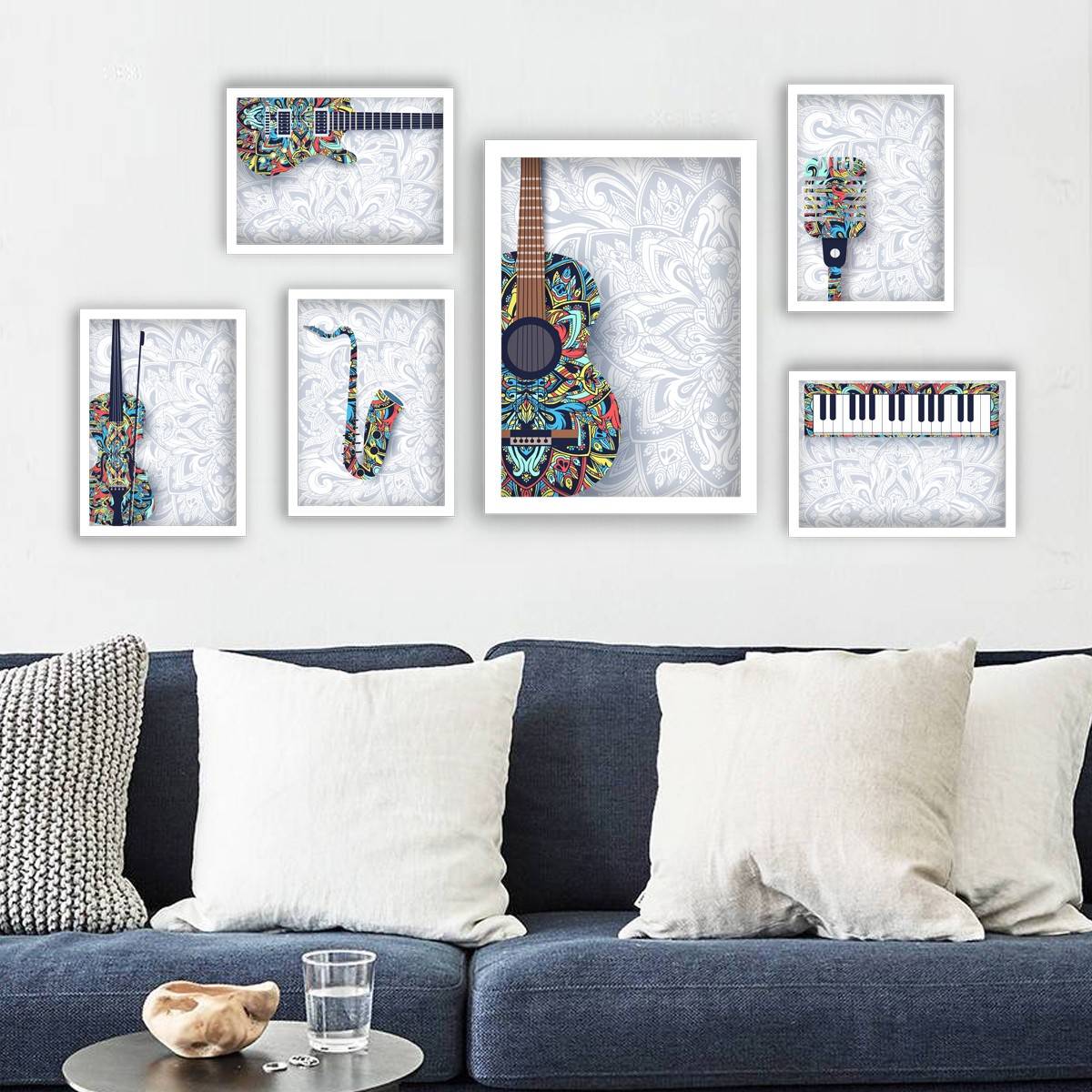 Set di 6 dipinti incorniciati bianco Aranea Design colorato strumento musicale