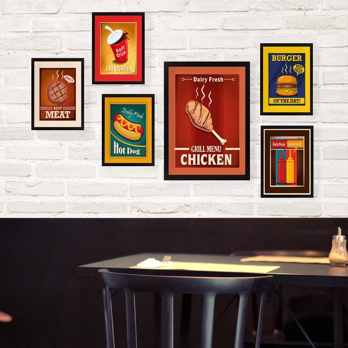 Set mit 6 gerahmten Schwarz Aranea Fast Food Kunstdrucken