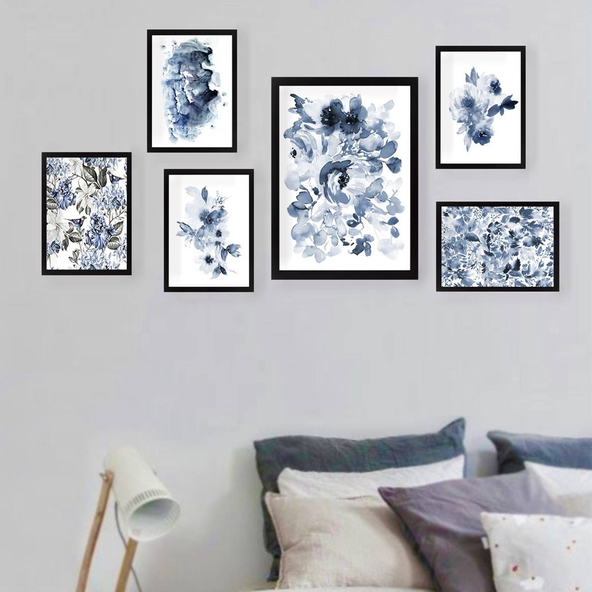 Set mit 6 gerahmten schwarzen Aranea-Gemälden mit abstraktem Blumenmuster in Blautönen