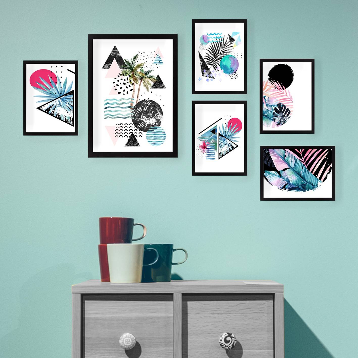 Set di 6 stampe artistiche con cornice geometrica tropicale nera Aranea