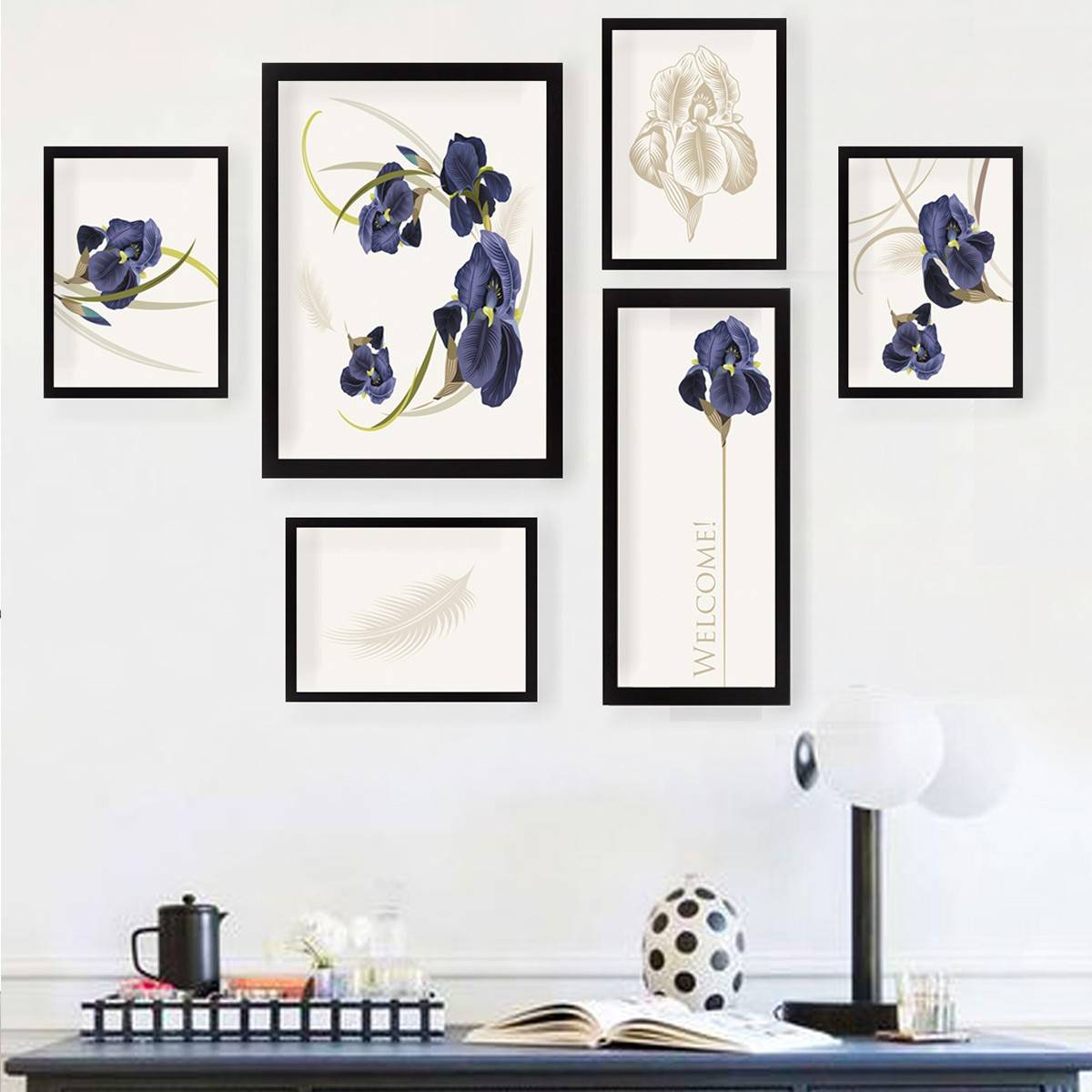 Set mit 6 gerahmten schwarzen Aranea-Iris-Gemälden