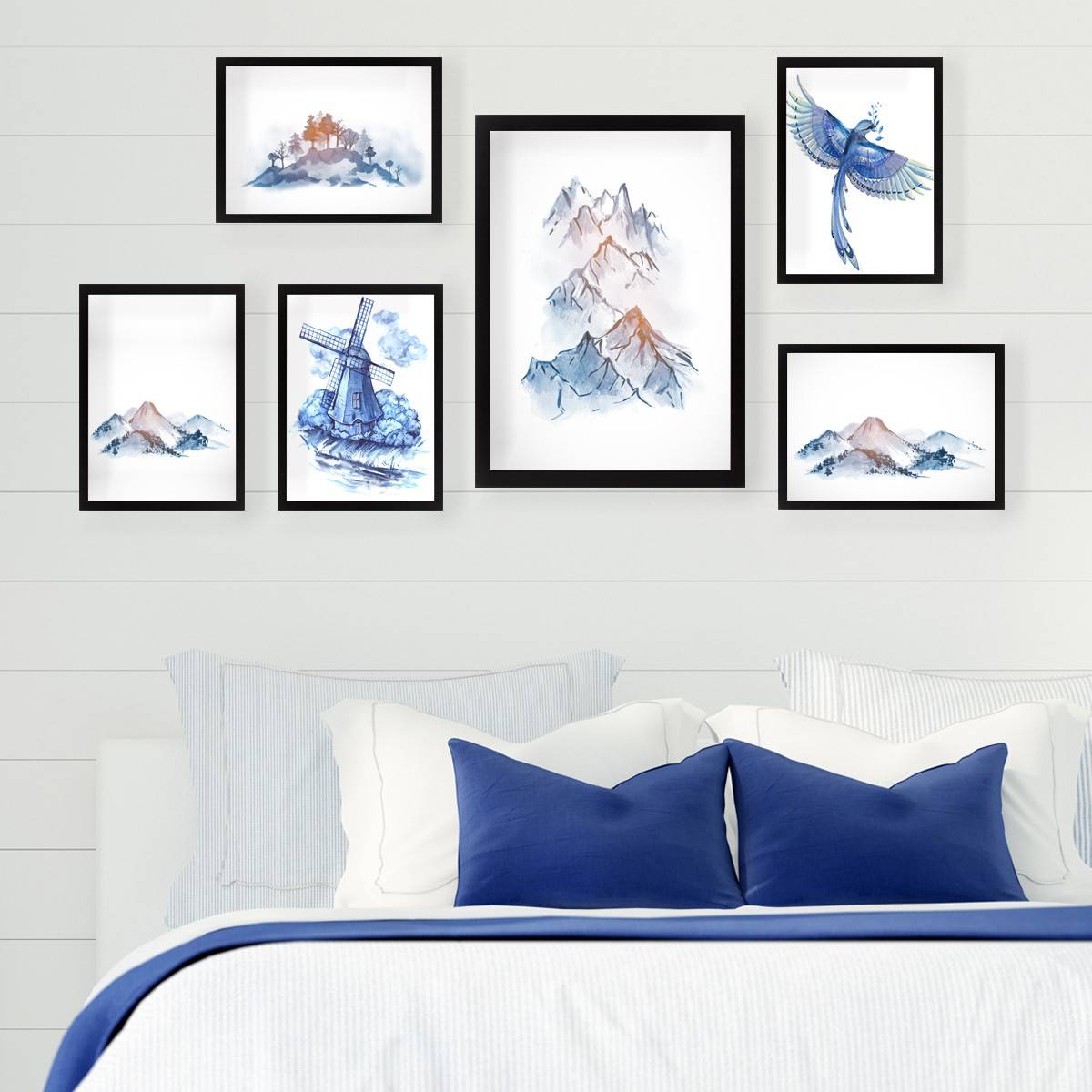 Lotto di 6 dipinti con cornice Motivo Aranea Nero Paesaggio natura sfumatura di blu