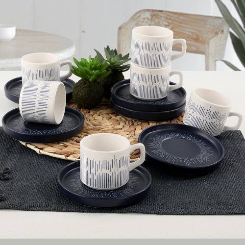 Set van 6 koffiekoppen met schotels Alzan keramiek donkerblauw met witte strepen