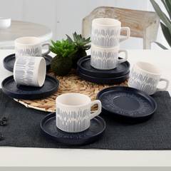 Set aus 6 Kaffeetassen mit Untertassen Alzan Keramik Streifenmuster Dunkelblau und Weiß