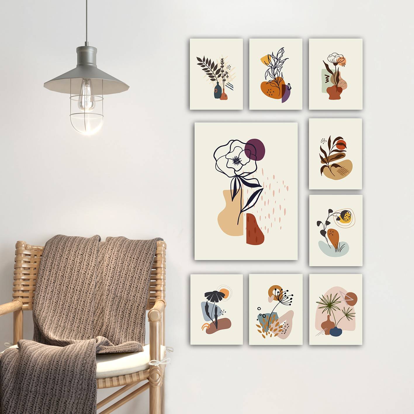 Assortiment van 9 schilderijen abstract botanisch thema Aranea MDF Multicolour