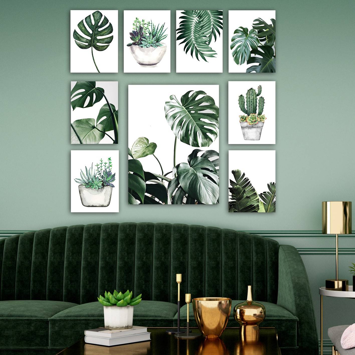 Assortiment van 9 afbeeldingen exotisch botanisch thema Aranea MDF Wit Groen