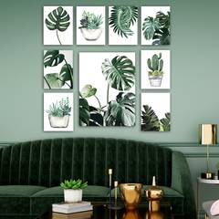 Surtido de 9 cuadros tema botánico exótico Aranea MDF Blanco Verde