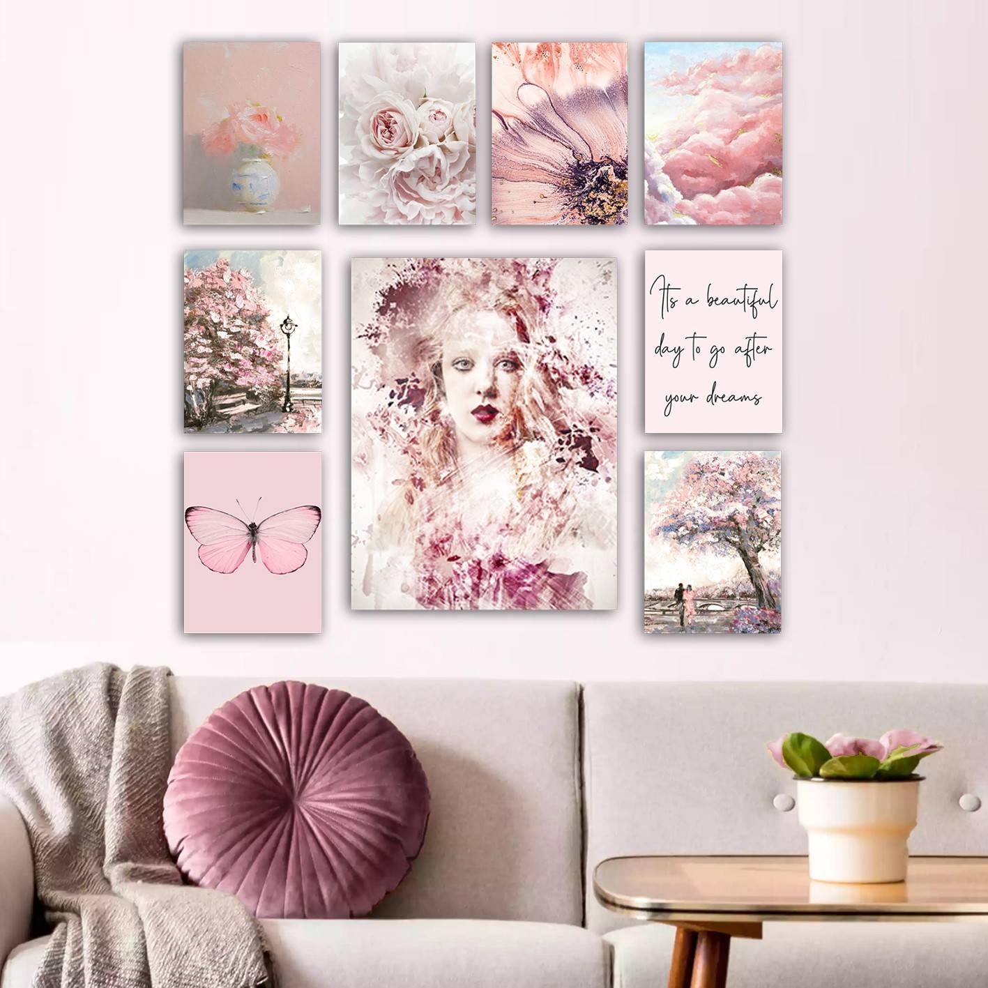 Assortiment van 9 schilderijen met als thema het leven in roze Aranea MDF Shades of Pink