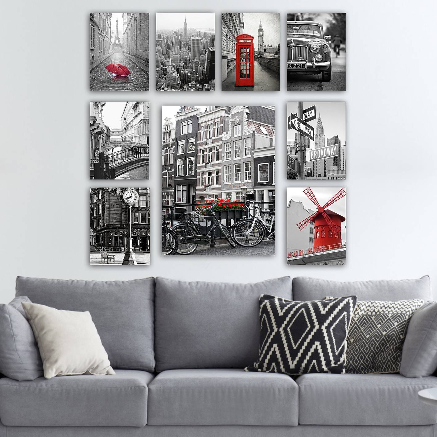 Lot de 9 tableaux Aranea L20xH15cm Motif Villes célèbres Noir, Blanc et Rouge