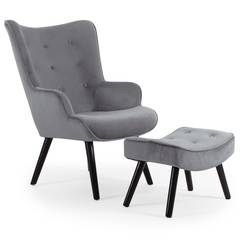 Lylou grijze fluwelen scandinavische fauteuil + voetenbank