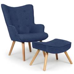 Scandinavische fauteuil + ottoman Lylou Blauw stof