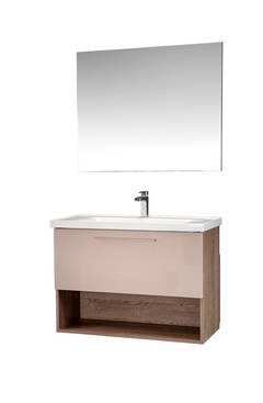 100cm wandbadkamermeubel met spiegelende wastafel Vanta Massief hout Cappuccino
