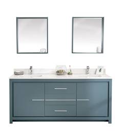 Mueble de tocador L180xH86cm con lavabo doble y 2 espejos L55xH80cm Ligha Madera maciza Azul