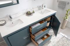 Mueble de tocador L180xH86cm con lavabo doble y 2 espejos L55xH80cm Ligha Madera maciza Azul
