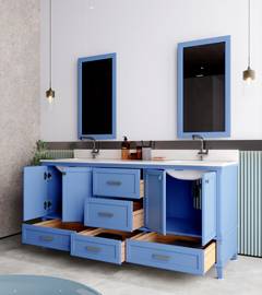 Meuble sous vasque L180xH86cm double vasque et 2 Miroirs L55xH80cm Valato Bois massif Bleu