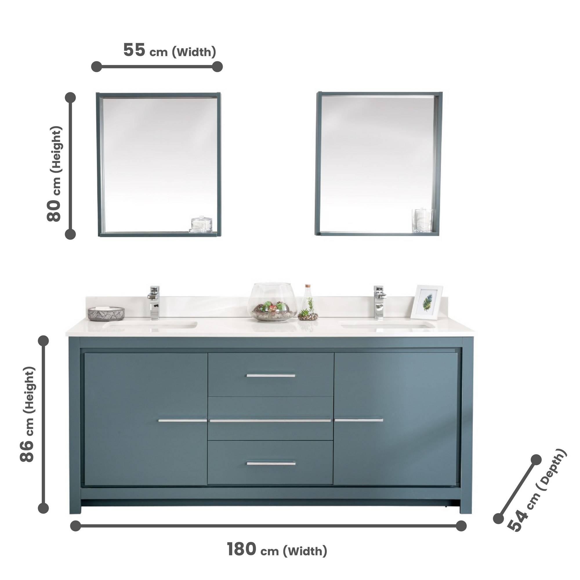 Meuble de salle de bain 180cm double vasque et 2 miroirs L55xH80cm