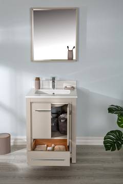 Meuble de salle de bain 60cm avec vasque et miroir L55xH80cm Ligha Bois massif Beige