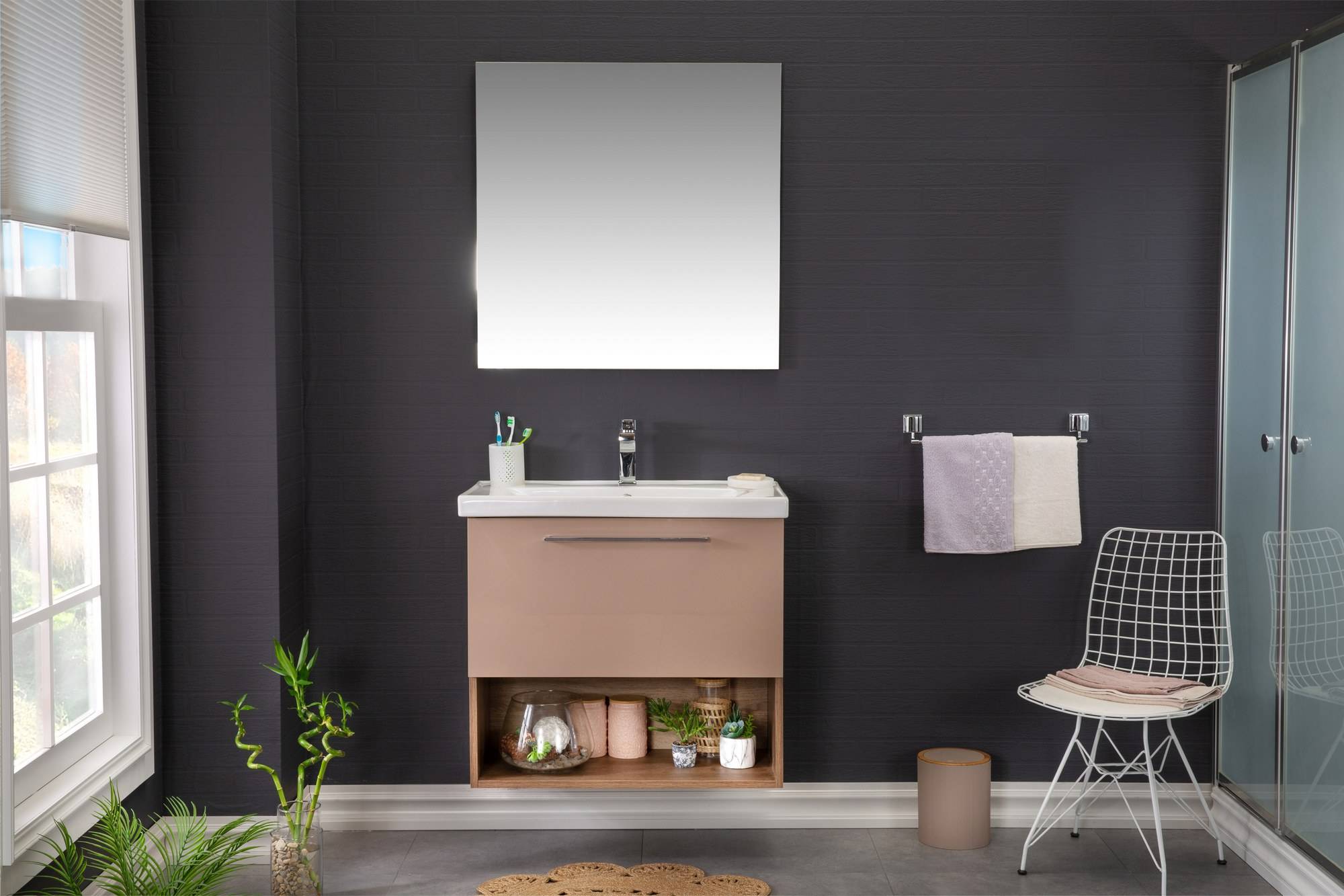 Meuble de salle de bain 80cm avec vasque miroir Vanta Bois massif Cappuccino