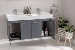 Mueble de baño colgante 60cm lavabo doble con espejo Misila Madera maciza Gris