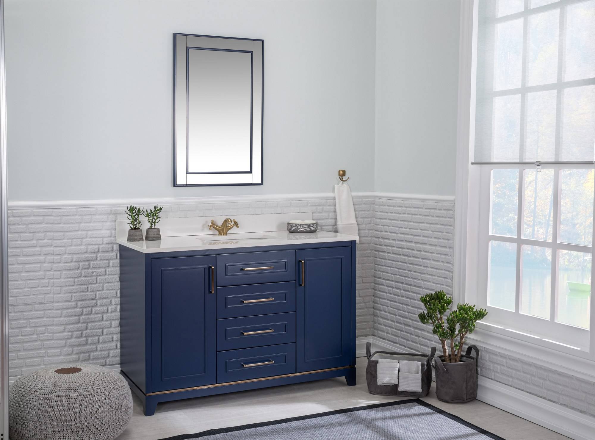 Meuble lavabo à 3 tiroirs en MDF finition bleu, meuble sous vasque avec  miroir - Longueur 81.5