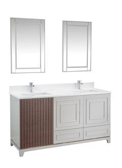Onderkast L150xH86cm met dubbele wastafel en 2 spiegels L55xH80cm Mareto Donker massief hout en Grijs