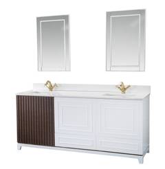 Wastafelonderbouw L180xH86cm met dubbele wastafel en 2 spiegels L55xH80cm Mareto Donker massief hout en Wit
