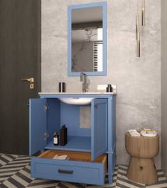 Mobiletto L75xH86cm con lavabo e specchio L55xH80cm Valato Legno massiccio Blu