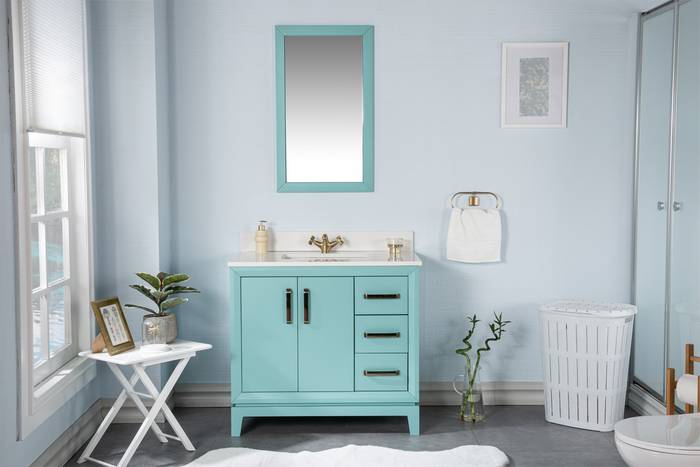 Meuble lavabo à 3 tiroirs en MDF finition bleu, meuble sous vasque avec  miroir - Longueur 81.5