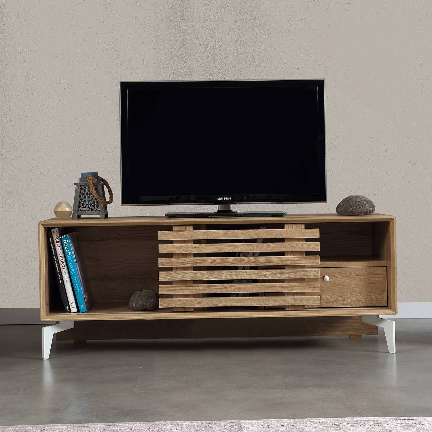 Petit meuble TV style atelier Fusion 1 porte coulissante métal