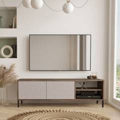 Soporte de TV con 2 estantes y 2 puertas plegables Consociatio Madera natural y gris