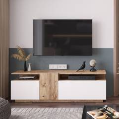 Mueble de TV con 2 estantes y 3 puertas abatibles Lemo Madera natural y blanca