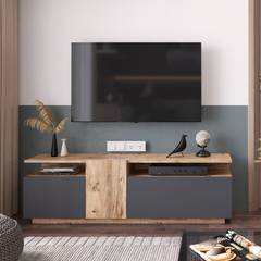 Mueble de TV con 2 estantes y 3 puertas abatibles Lemo Madera natural y antracita