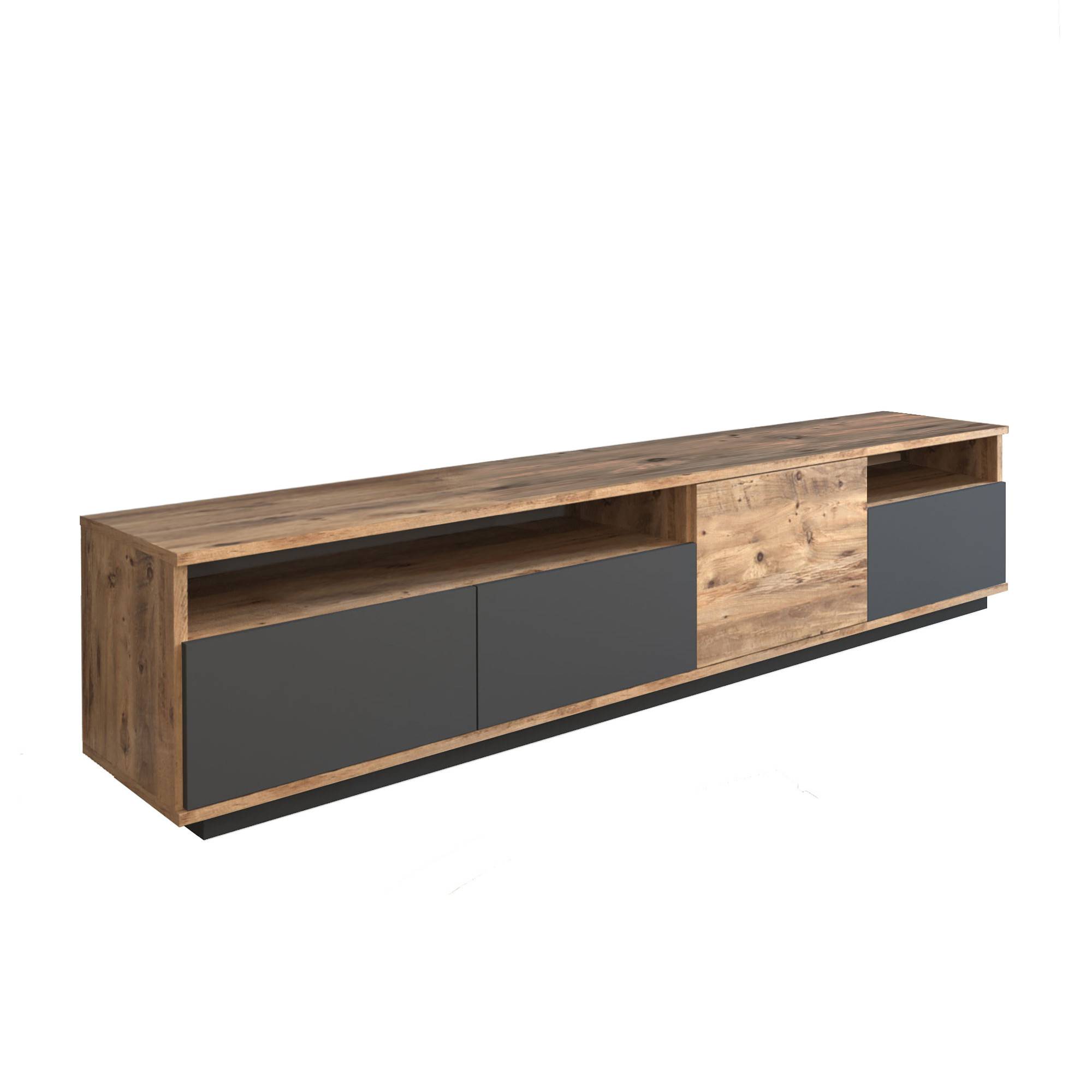TV-meubel met 2 legplanken en 4 draaideuren Ceramno 180cm Natuurlijk hout en Antraciet