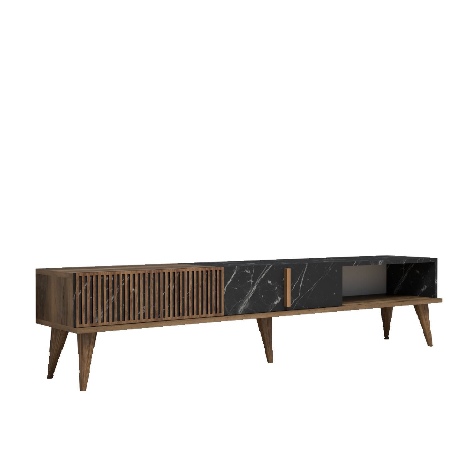 Ribera TV-meubel met 2 deuren en 1 plank 180cm Donker hout en zwart marmer effect