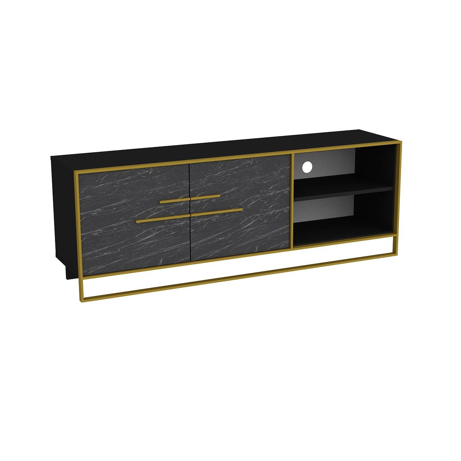Anita 2-deurs TV-meubel met 2 legplanken 160cm Goud metaal en Zwart marmer effect hout