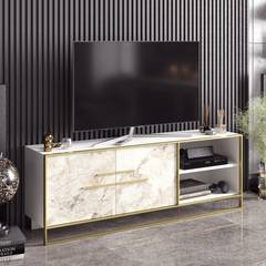 Anita 2 porte, 2 ripiani porta TV 160cm metallo dorato e legno bianco effetto marmo