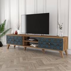 TV-meubel met 2 deuren en 2 legplanken Varize 180cm Blauw en hout geometrisch patroon