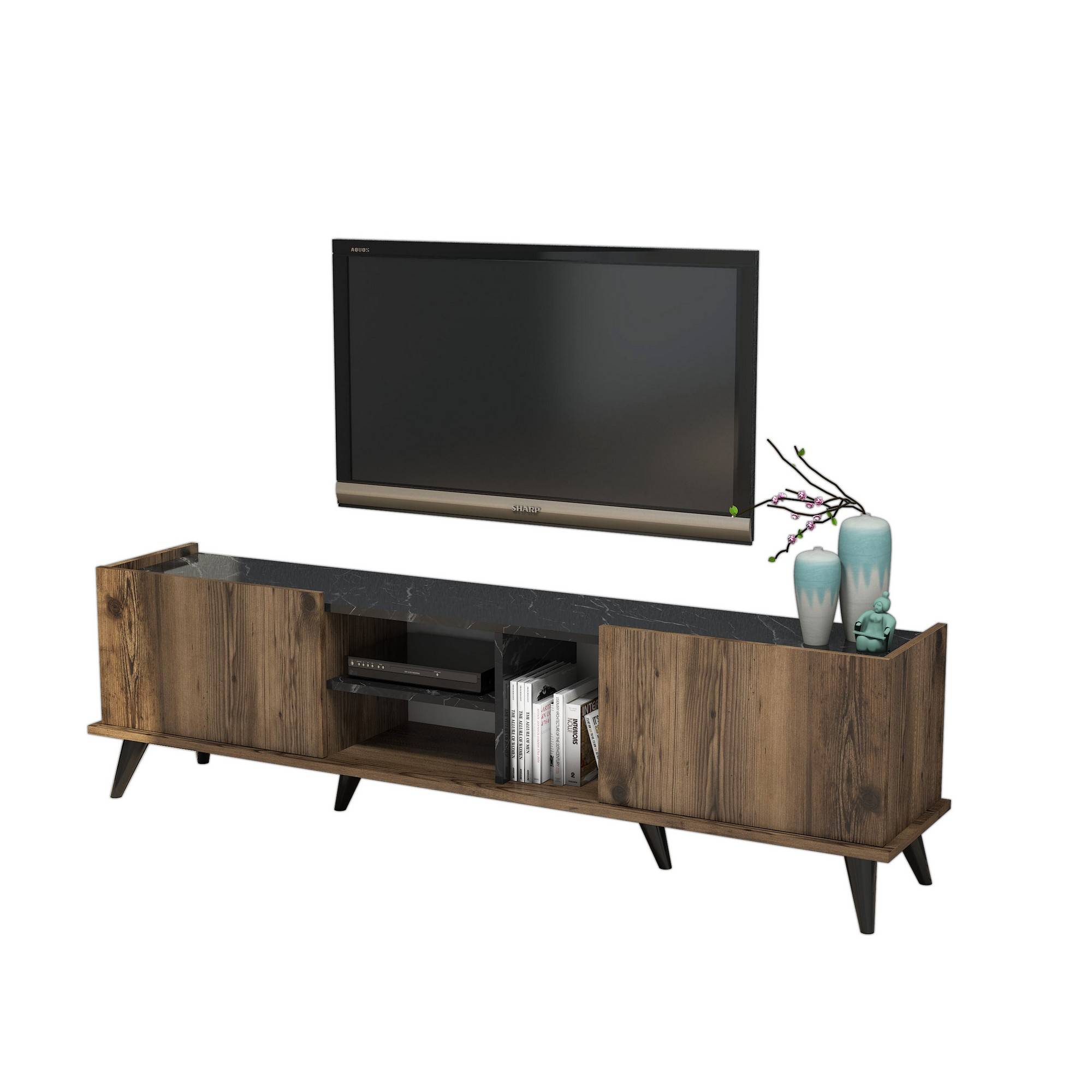 Bergerat TV-Möbel mit 2 Türen und 3 Fächern, 180 cm, Holz und schwarzer Marmoreffekt