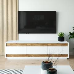 Soporte de TV de 3 puertas Meano en madera natural y blanco