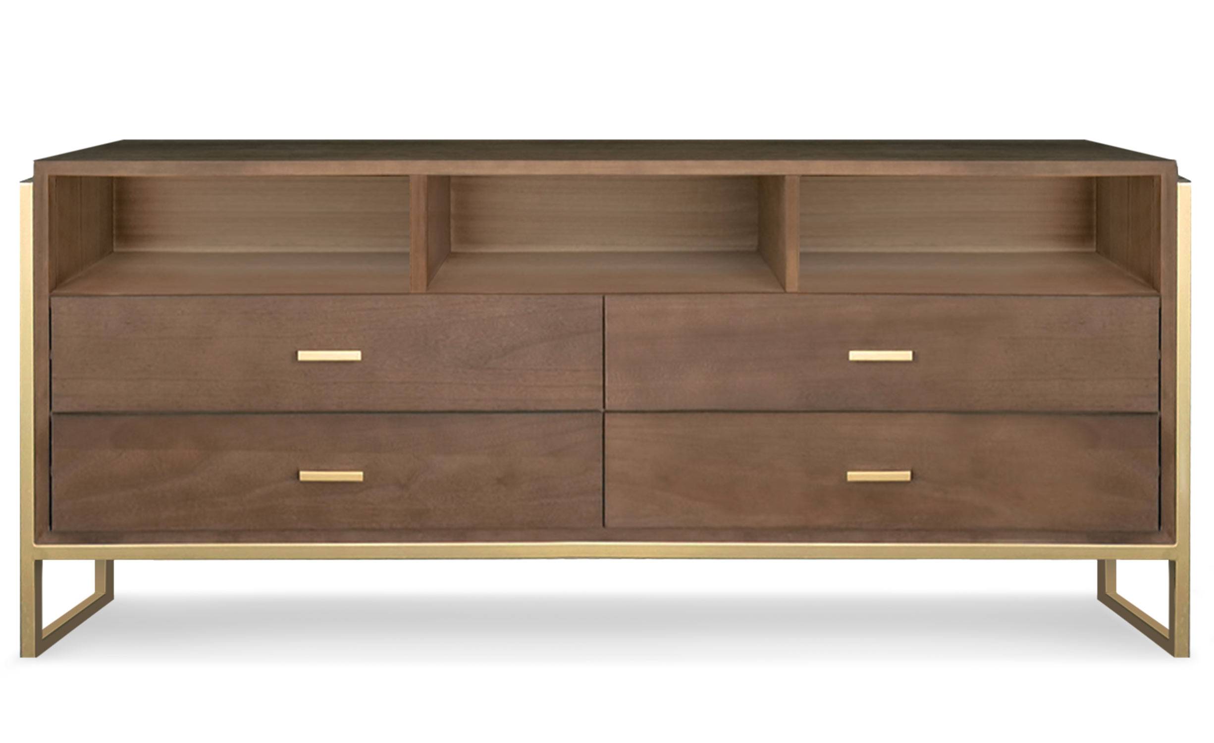 Edgar TV-meubel met 4 laden L150cm Bruin hout en goudkleurig metaal