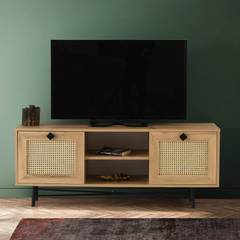 2-deurs TV-meubel van riet met 2 compartimenten Aréa L140 cm Melamine plaat Licht hout Zwart