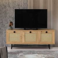 Mueble de TV de 3 puertas de caña Aréa L140 cm Panel de melamina Madera clara Negro