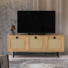 3-deurs rieten TV-meubel Aréa L140 cm Melamine plaat Licht hout Zwart