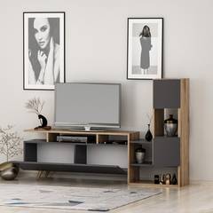 TV-meubel met boekenkast Sukarto Licht hout en Antraciet