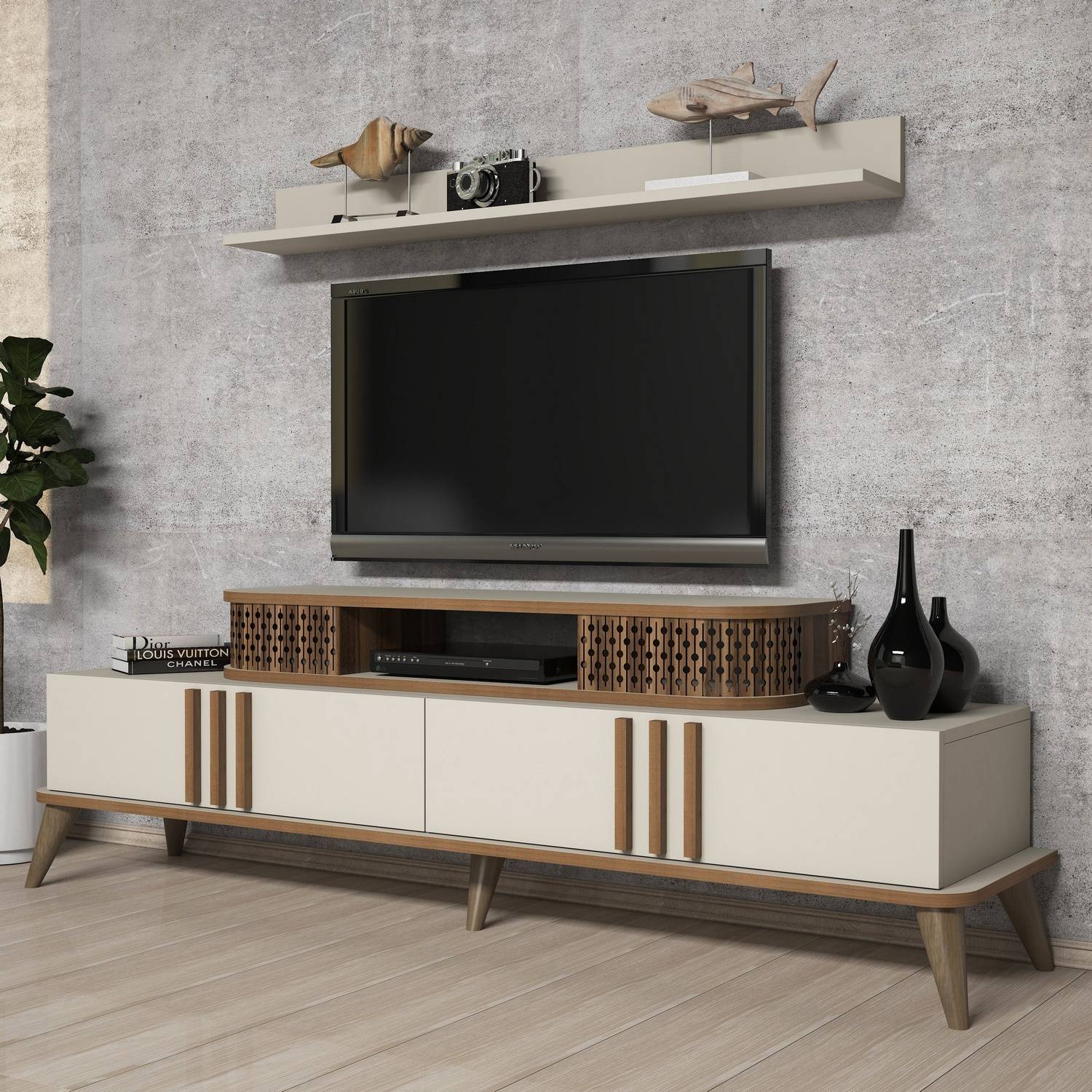 Meuble TV avec étagère murale Chanez Blanc crème et Bois foncé