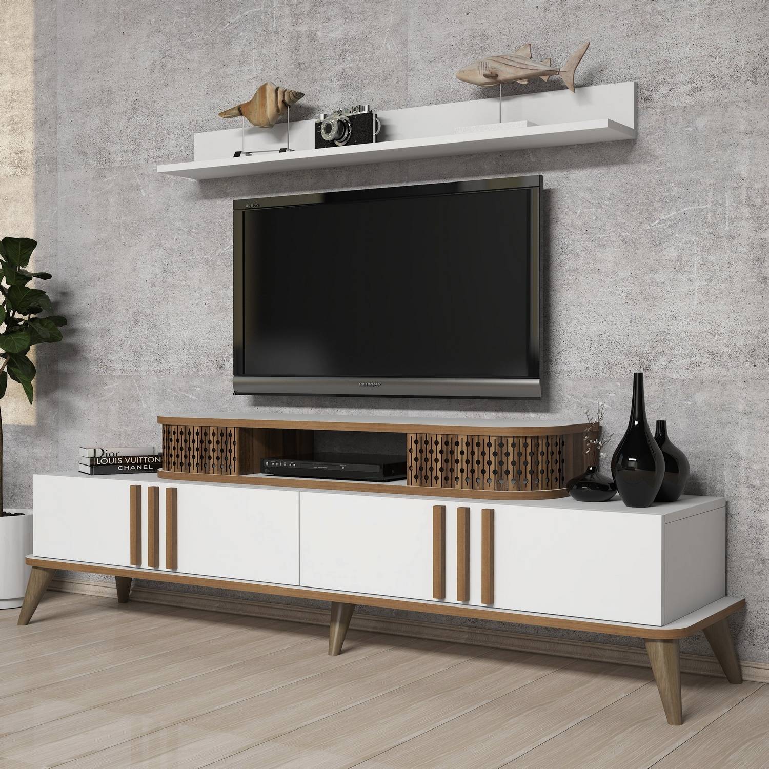 TV-Möbel mit Wandregal Chanez Weiß und Dunkles Holz