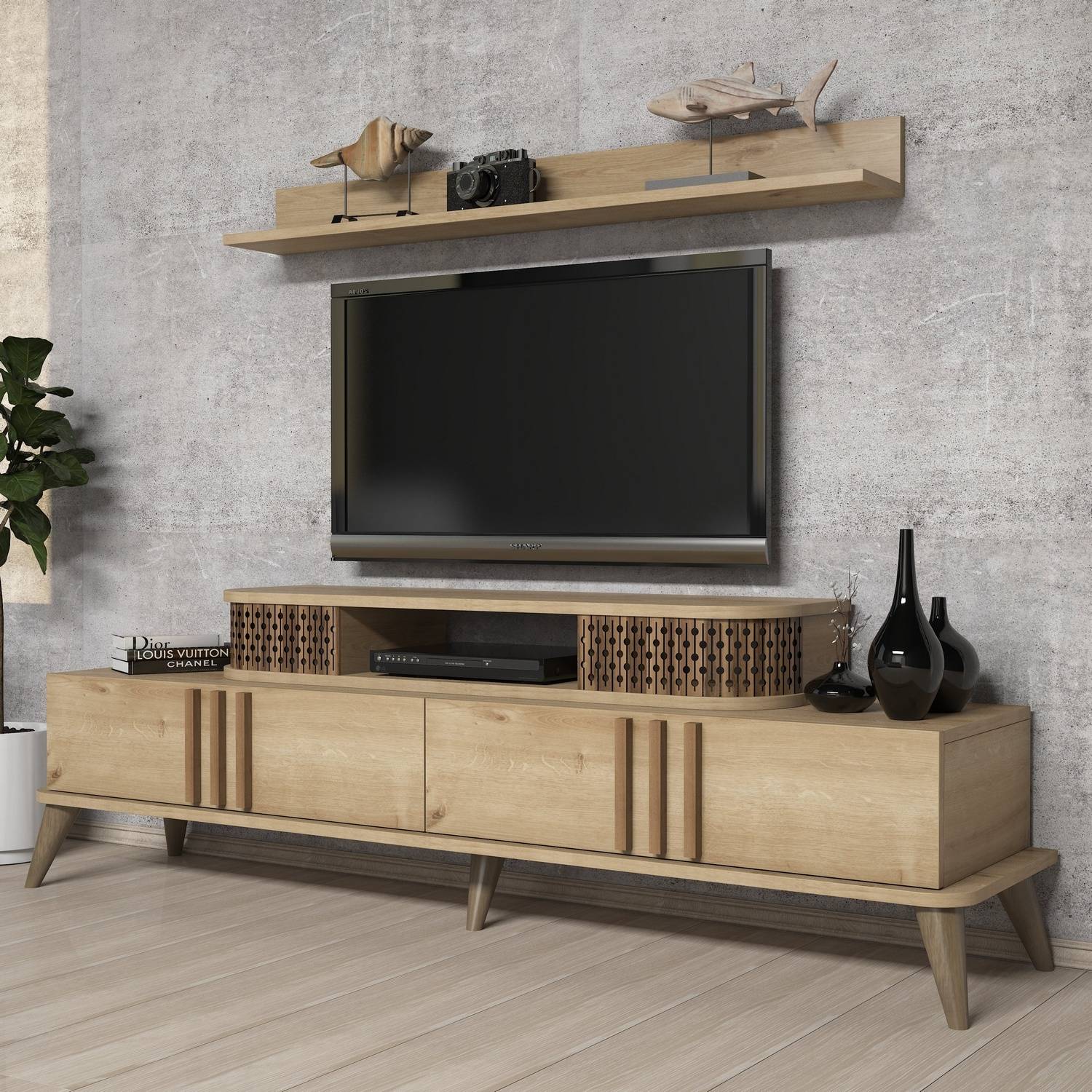 TV-meubel met wandplank Chanez Lichte eik