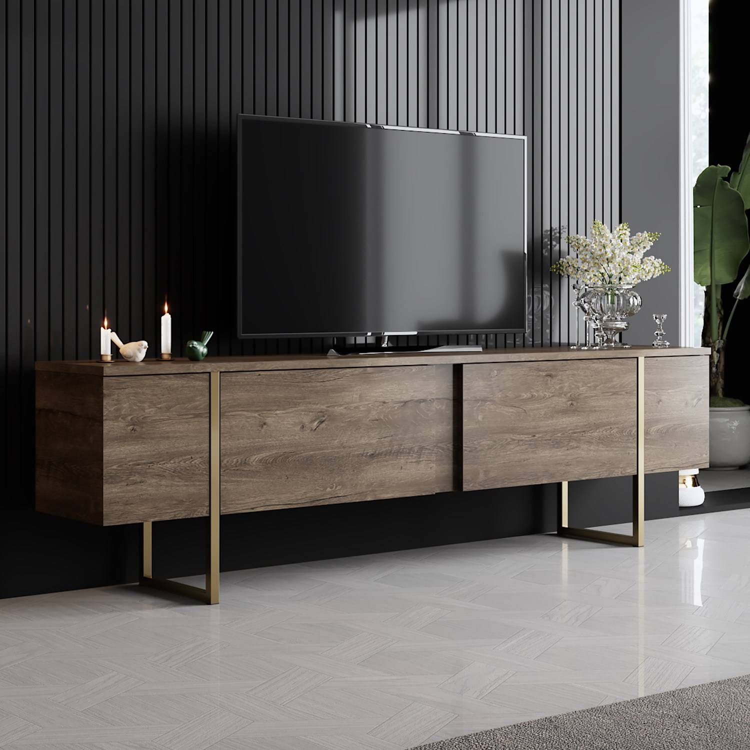 Sibylle 2-deurs design TV-meubel L180xH50cm Goudkleurig metaal en donker hout