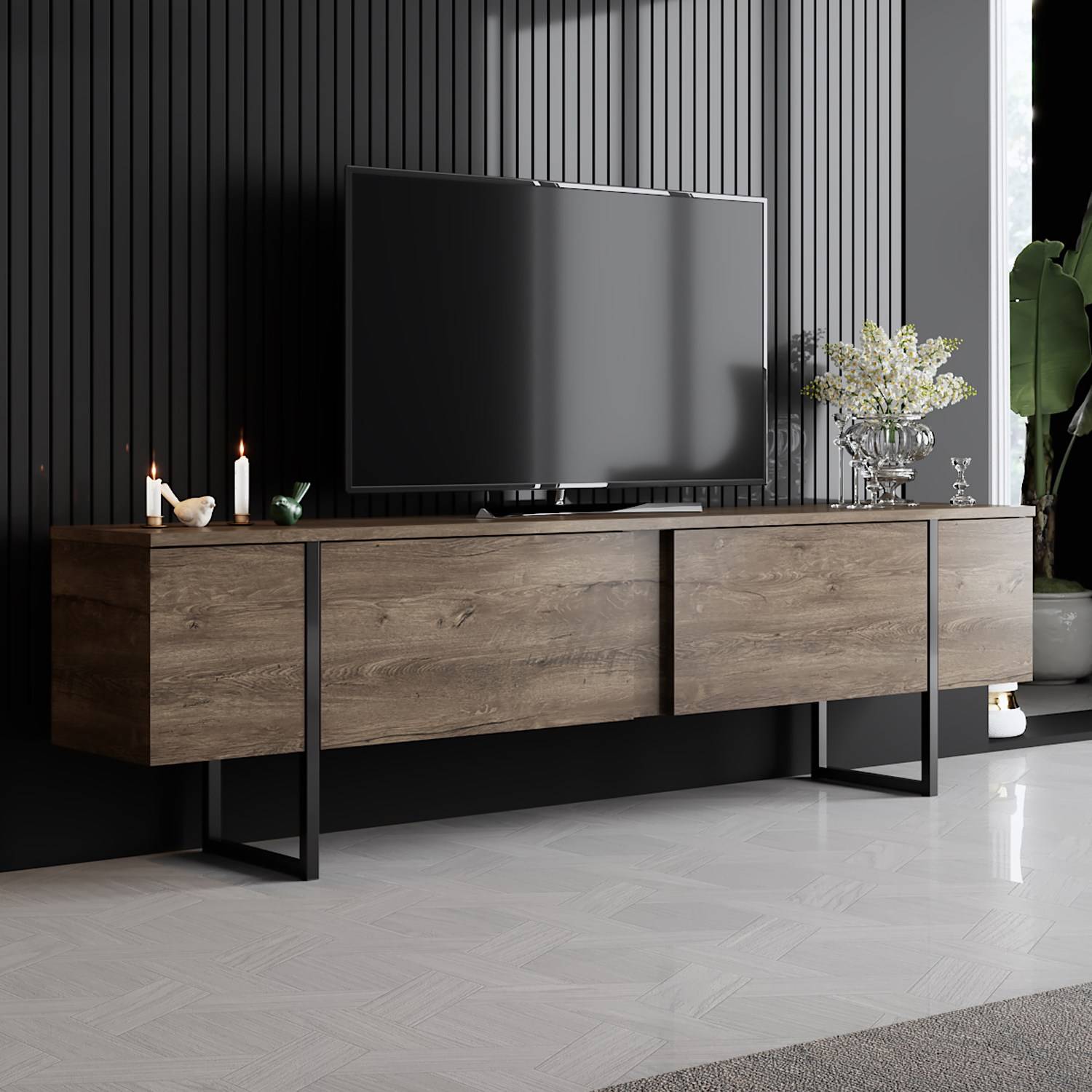 Sibylle 2-deurs design TV-meubel L180xH50cm Zwart metaal en donker hout